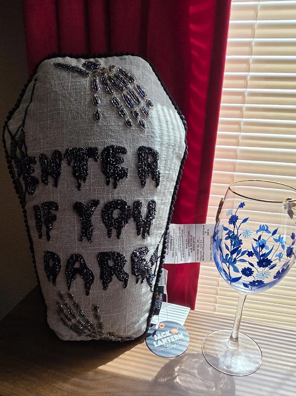 Beaded Coffin Pillow, Black & Grey  'Enter If You Dare' Halloween Pillow Decor
